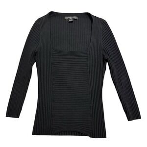 August Silk Ribbed Fitted Square Neck Knit Sweater Top Black Women's Medium